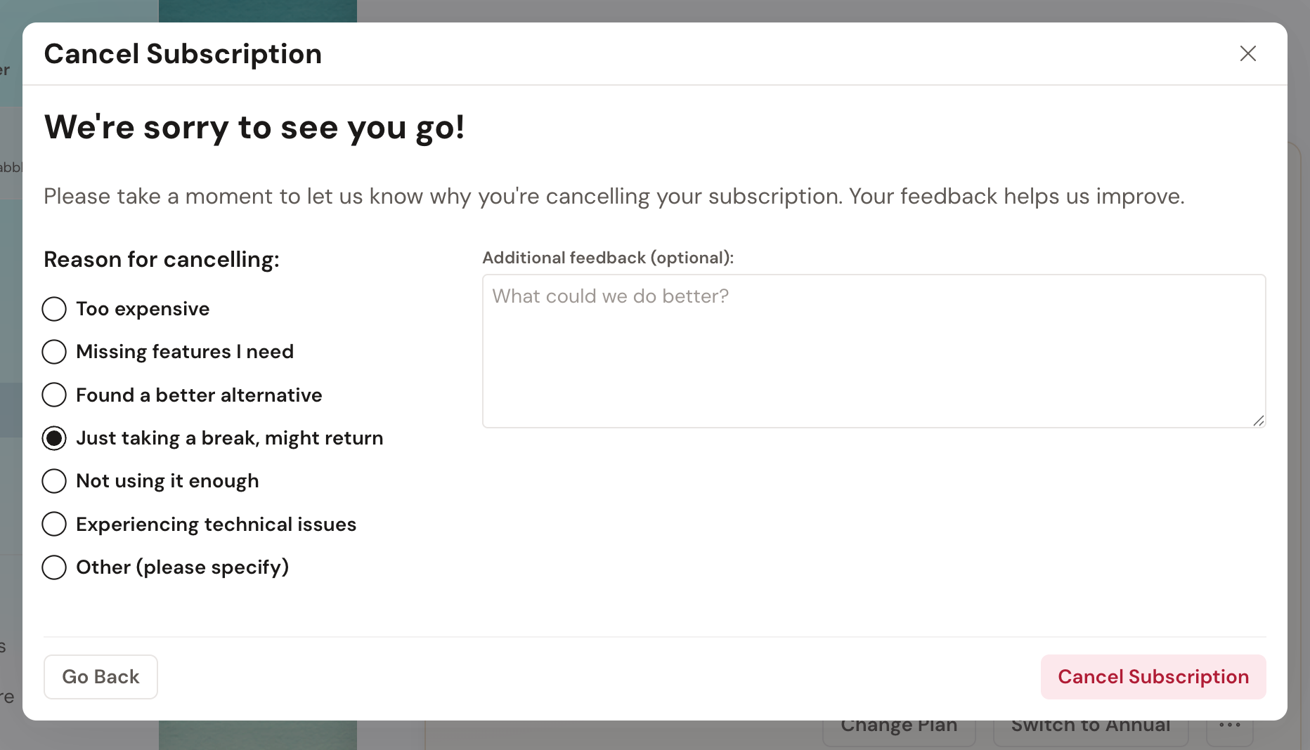 The Cancel Subscription window headed "We're sorry to see you go!", with a list of reasons to choose from and Go Back and Cancel Subscription buttons at the bottom.