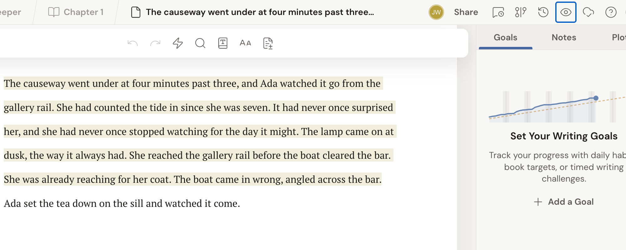 A scene with Co-Author Colors turned on: the sentences written by the co-author carry a coloured tint, while the sentence the current reader wrote themselves is left unhighlighted.