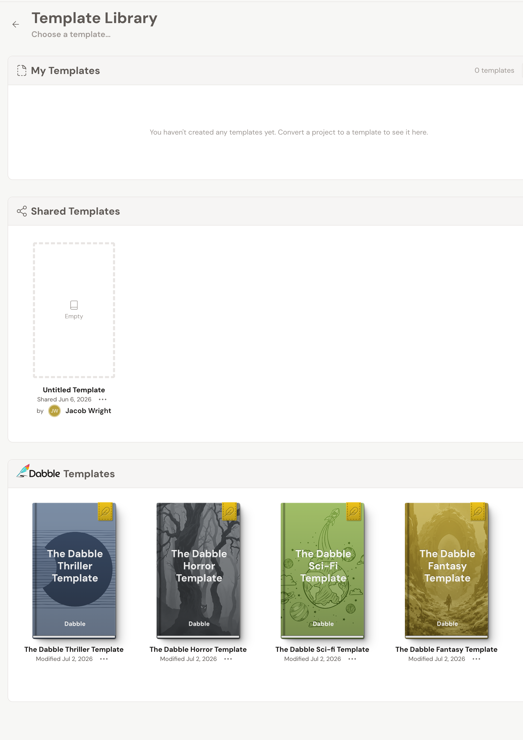 The Template Library with three groups: My Templates (empty, with a note that converting a project to a template puts it here), Shared Templates (one template shared by Jacob Wright), and Dabble Templates (the Thriller, Horror, Sci-Fi, and Fantasy templates).