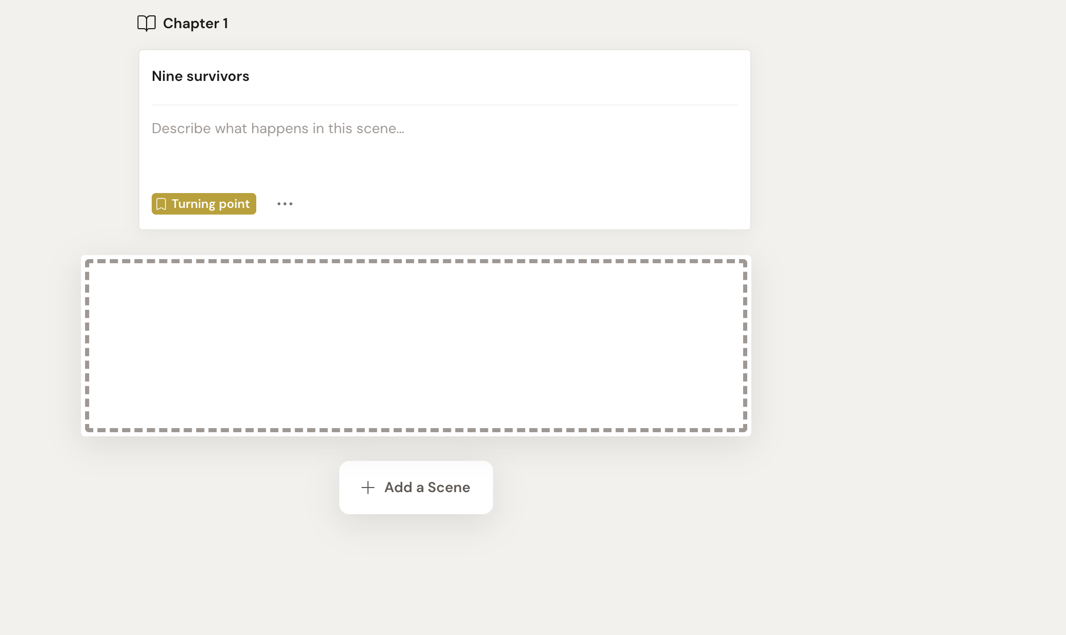 A scene card mid-drag in the Scenes view: the card being dragged has lifted out of the list, and a dashed outline sits in the gap below the remaining card to show where it will land.