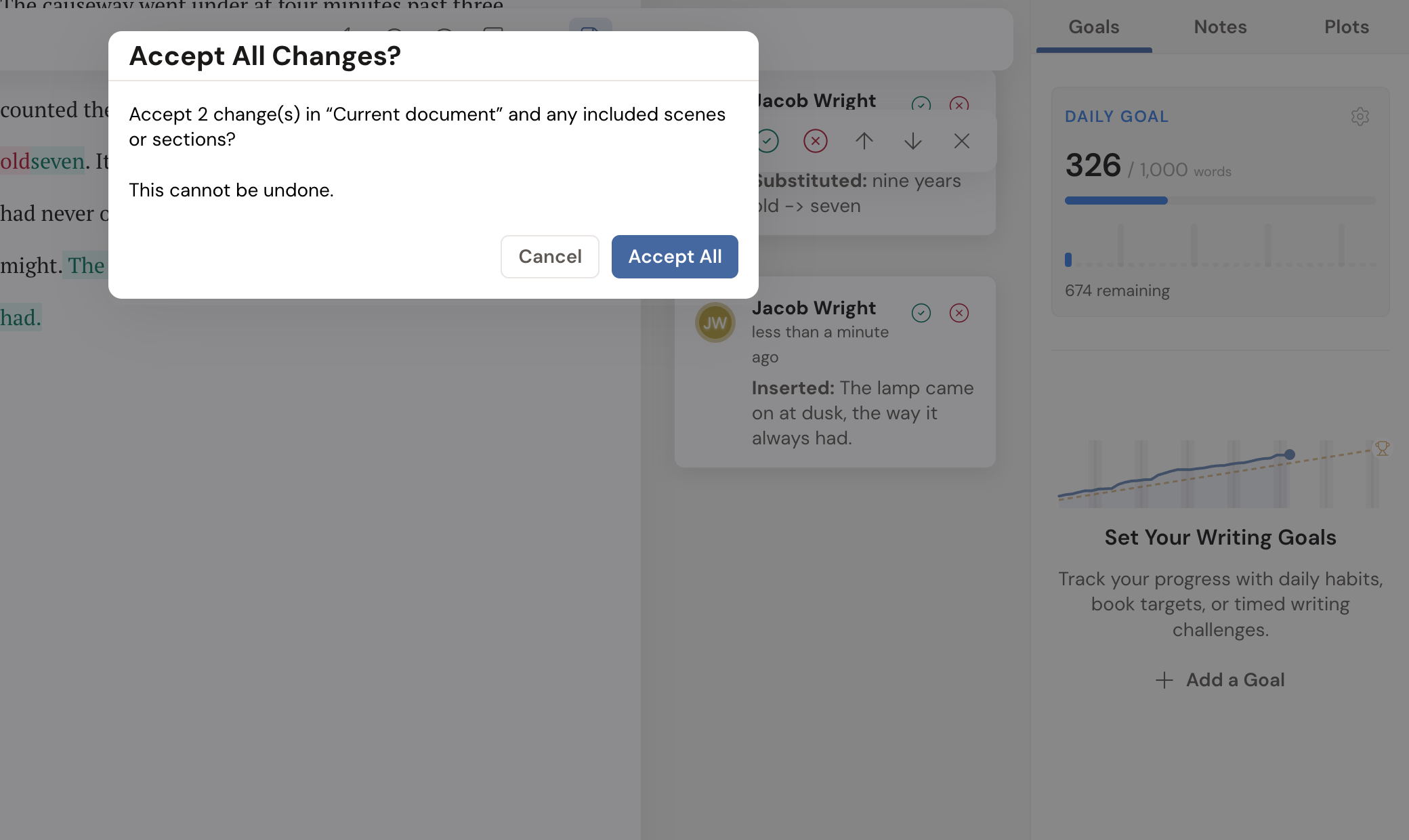 The Accept All Changes? confirmation window open over a scene with two tracked changes. It reads "Accept 2 change(s) in Current document and any included scenes or sections? This cannot be undone." with Cancel and Accept All buttons. Behind it sit the tracked-change cards and the gutter navigator pill with its green check and red X icon buttons.