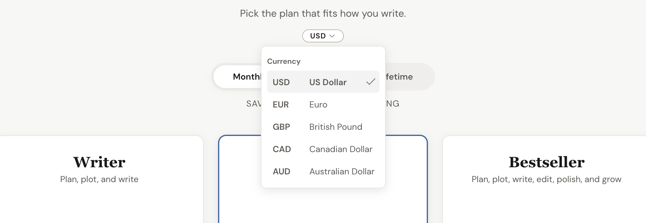 The Change your plan screen with the currency picker open, listing USD (US Dollar), EUR (Euro), GBP (British Pound), CAD (Canadian Dollar), and AUD (Australian Dollar), above the Monthly, Annually, and Lifetime billing toggle.