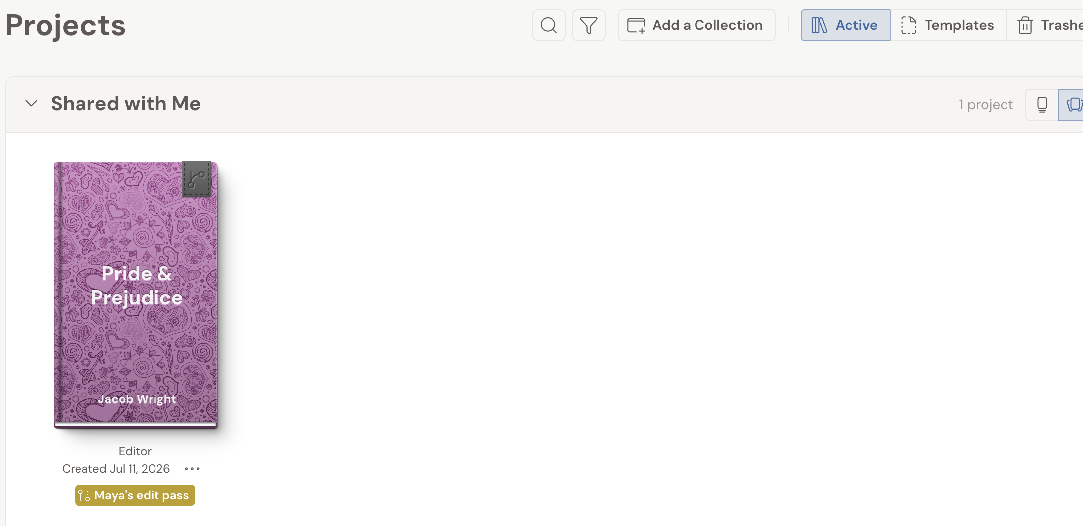 The Shared with Me section of the dashboard showing the invited project as a tile marked Editor.
