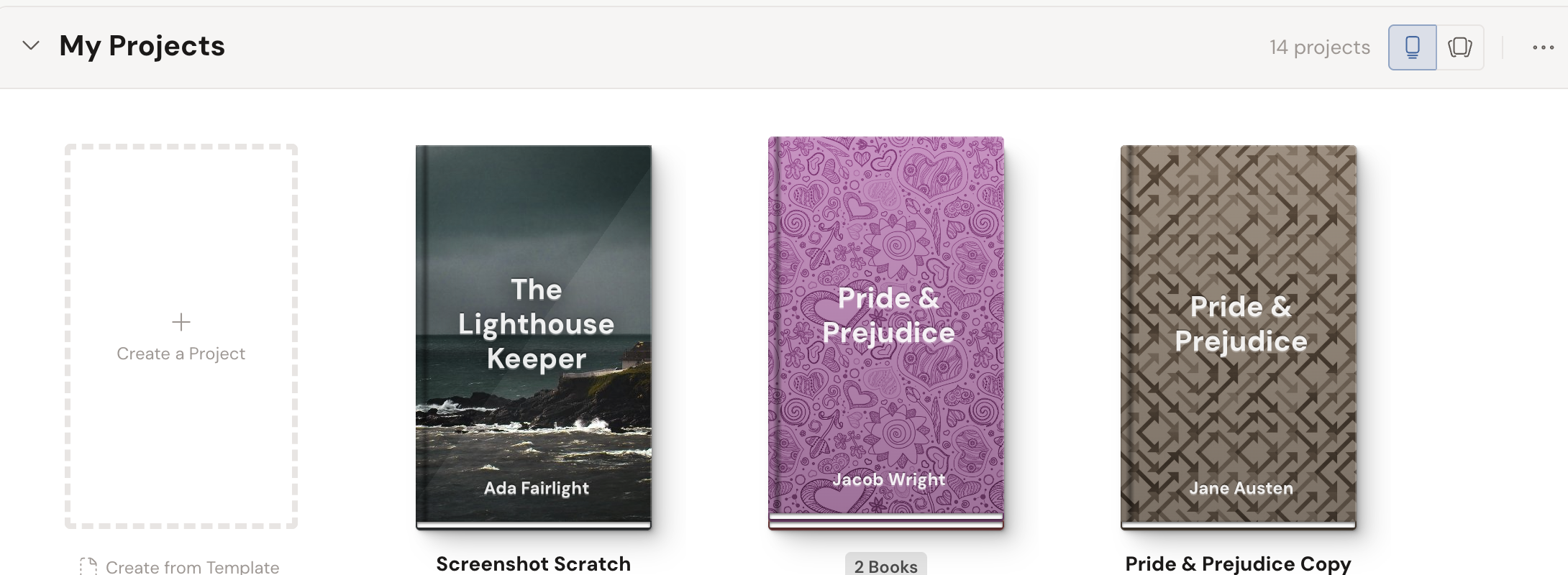 A collection set to Stacked: each project shows a single cover, and a project holding more than one book gets a "2 Books" label underneath.