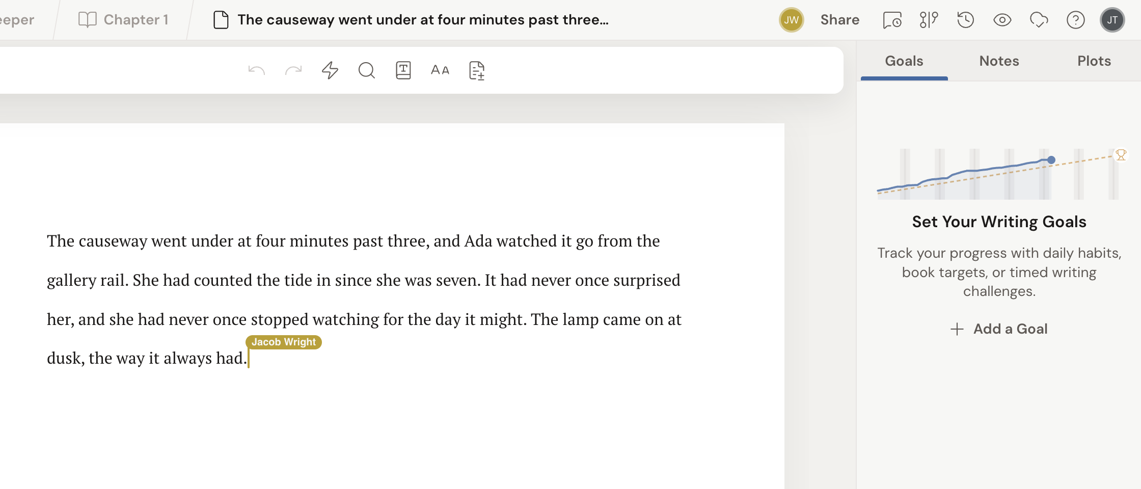 A co-author's live cursor in the manuscript: a coloured caret with a name flag showing who it belongs to, while both writers have the same scene open. Their avatar also shows in the project header.