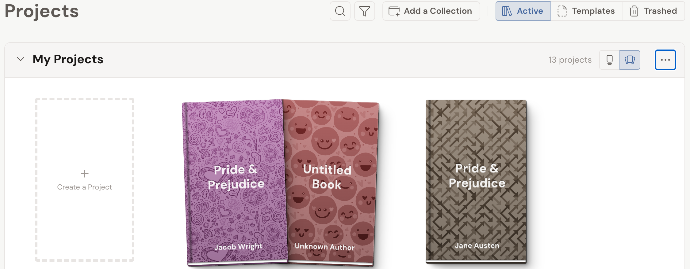 The Projects dashboard: the Add a Collection button and Active, Templates, and Trashed tabs across the top, with the My Projects collection below holding project tiles and a Stacked/Fanned display toggle.