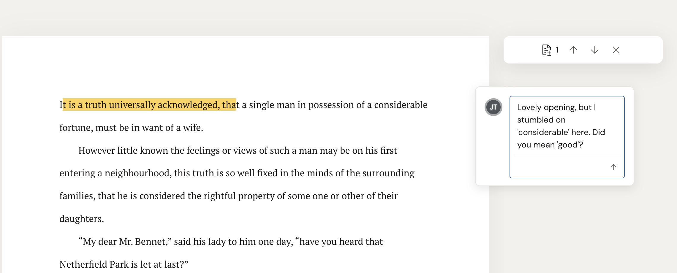 A beta reader leaving a comment: a phrase in the manuscript is selected and highlighted, and a comment card has opened beside it with the reader's avatar, their typed note, and an arrow button to submit it.