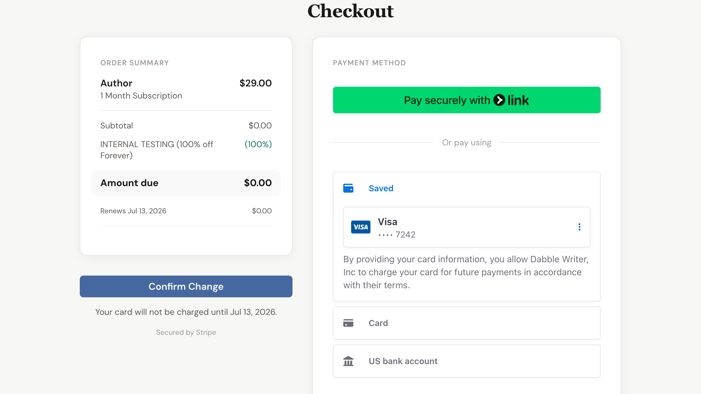 The Checkout screen when changing plan: an Order Summary listing the Author plan at $29.00 with any discount and the amount due, a Confirm Change button beneath it, and the payment method panel on the right.