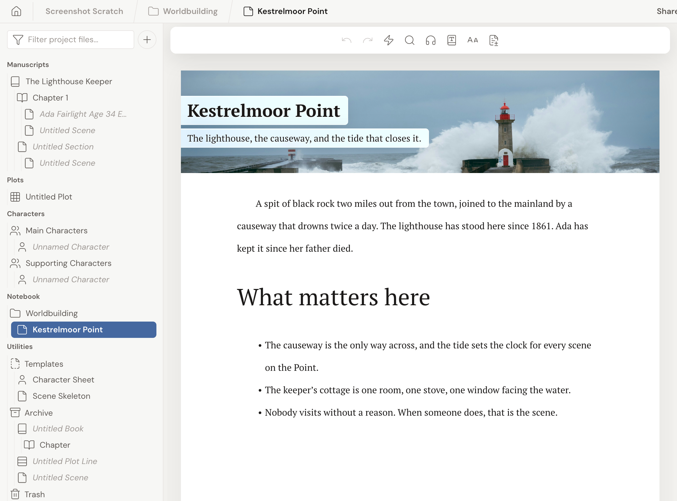 A Notebook note open in the center of the editor, with the Notebook section expanded in the left navigation and the note showing its banner, title, and body.