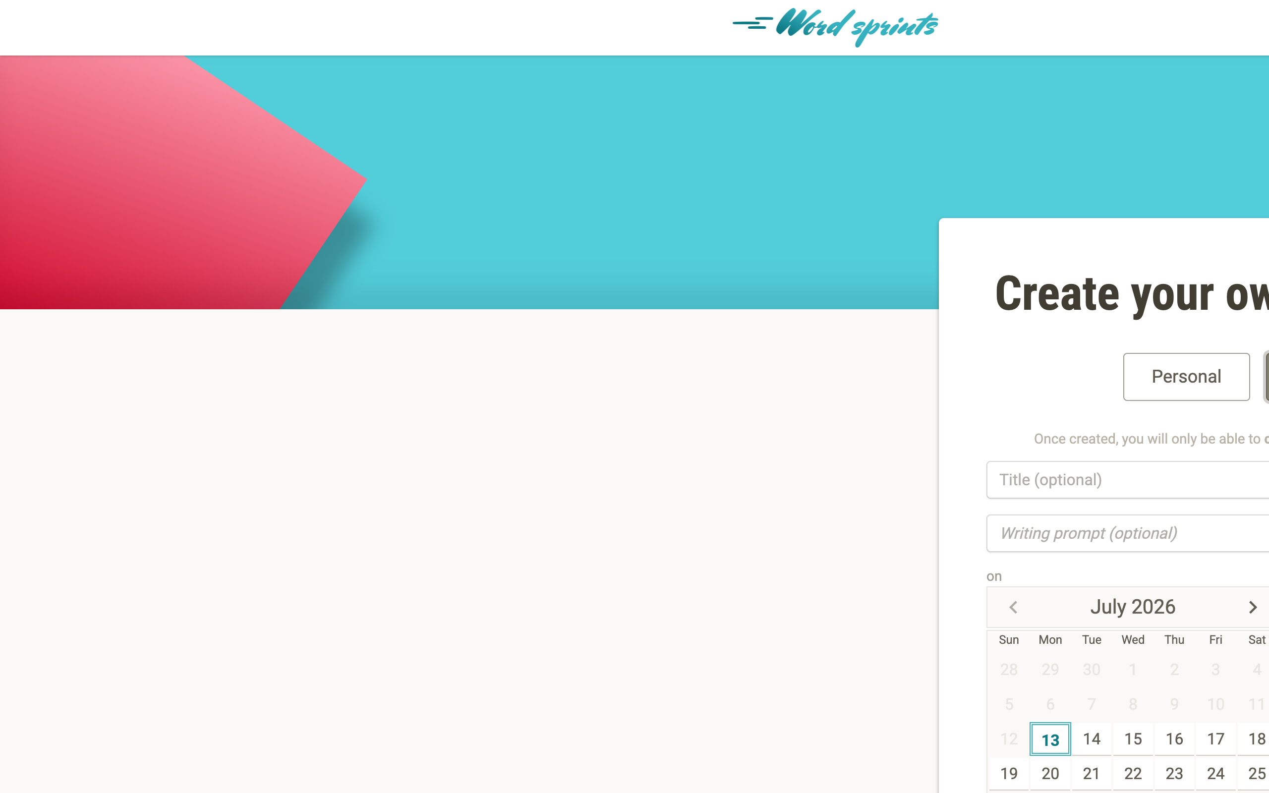 The WordSprints.org group sprint form: a calendar to pick the day, a start time, a duration menu, a toggle for whether the sprint is Publicly Listed, and a Schedule button. A hint underneath reads "Share the sprint's link for others to join."