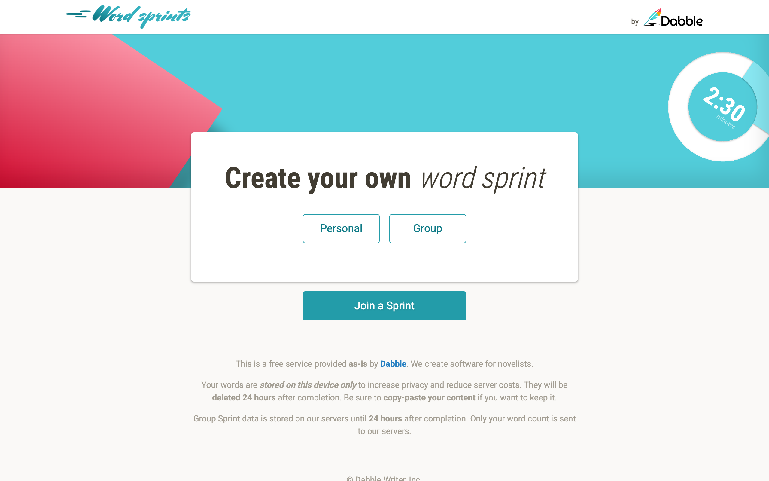 The WordSprints.org home page: a Word Sprints by Dabble header with a countdown dial, a "Create your own word sprint" card offering Personal and Group, and a Join a Sprint button below it.