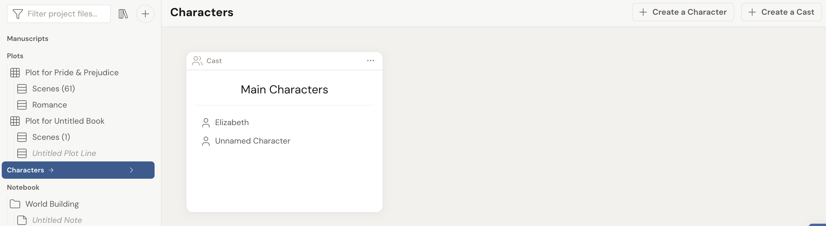 The Characters view: a Main Characters cast card listing its members, with Create a Character and Create a Cast buttons at the top right and Characters highlighted in the left navigation.