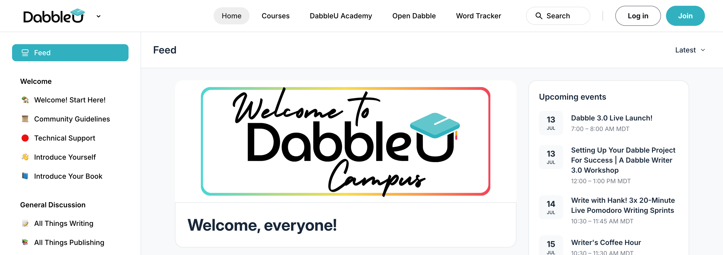 DabbleU Campus at dabbleu.com: a Welcome to DabbleU Campus banner with navigation for Courses and the DabbleU Academy, community discussion sections, and an Upcoming events list of workshops and writing sprints.