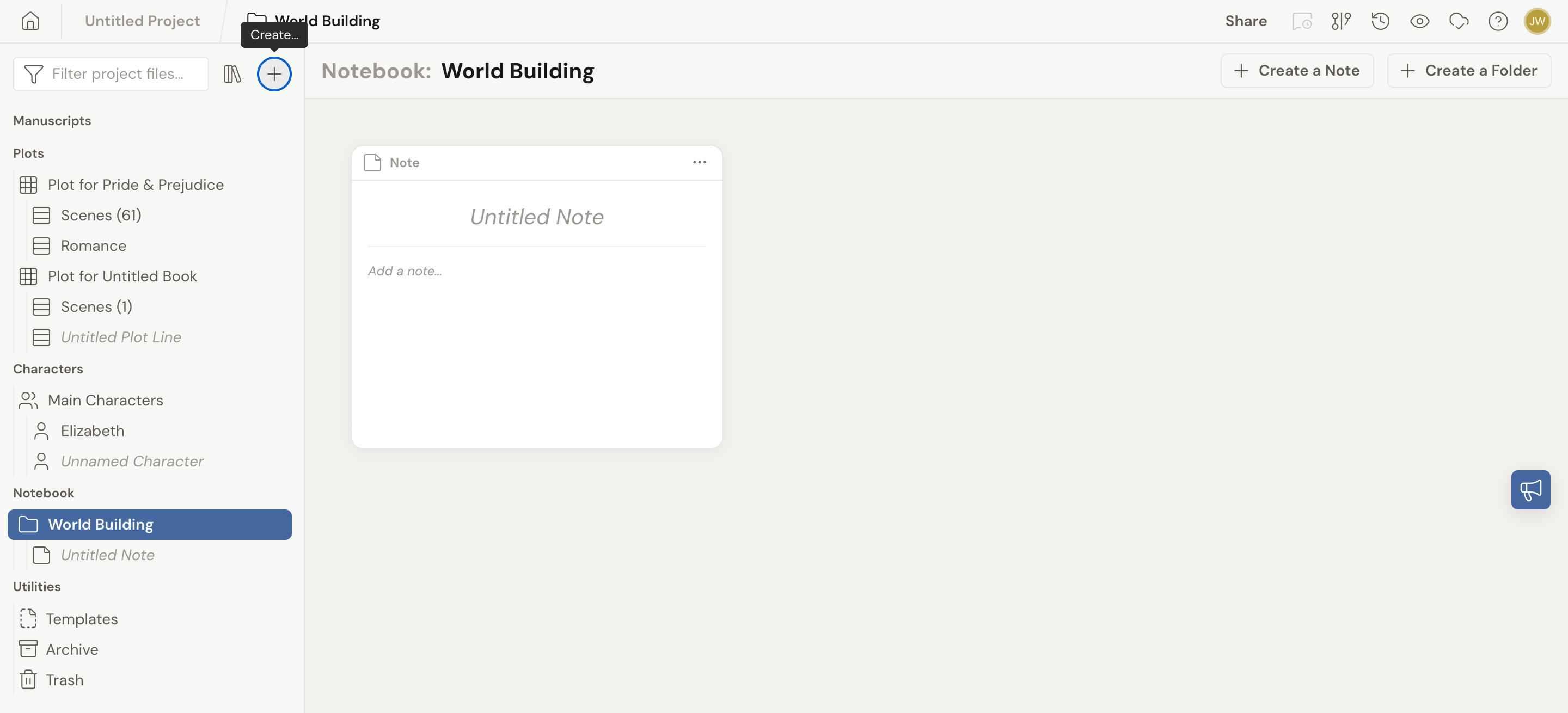 A Notebook folder (World Building) open, with Create a Note and Create a Folder buttons in the folder header and the folder selected in the left navigation's Notebook section.