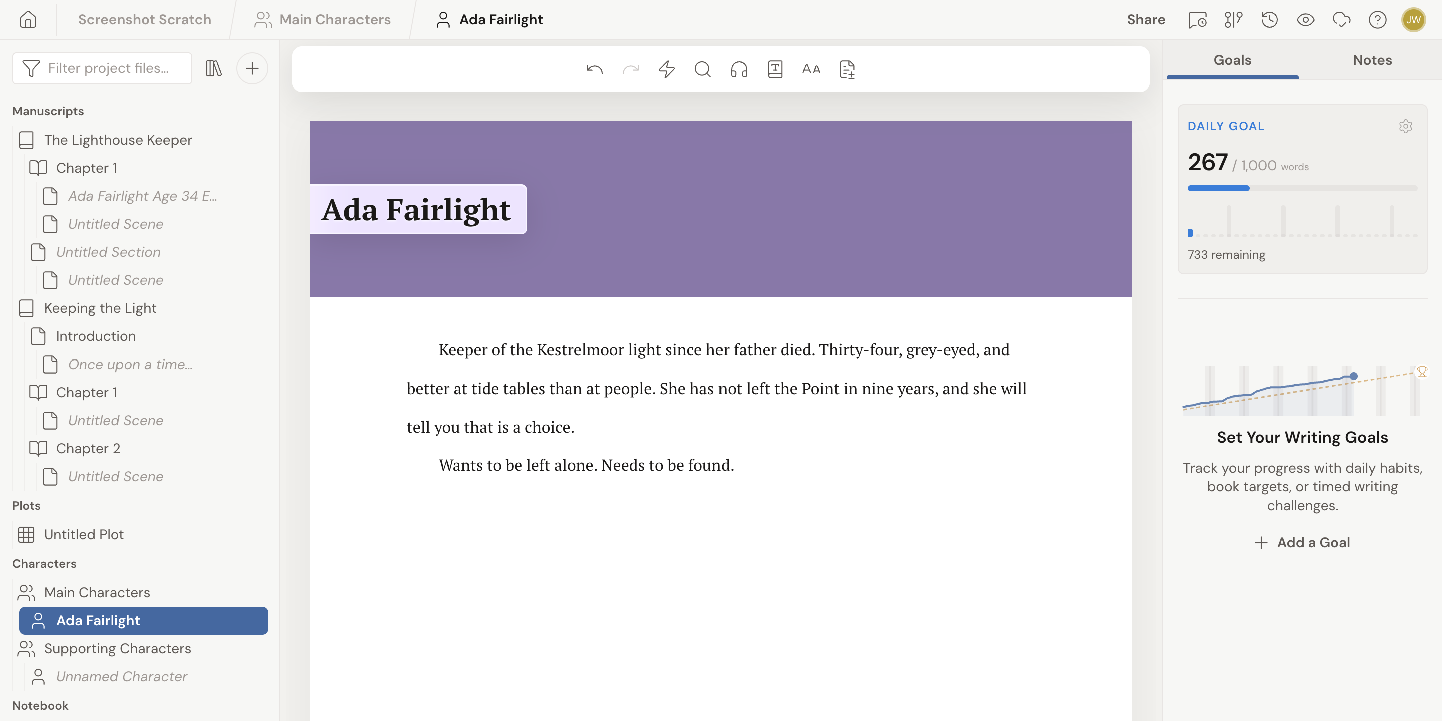 A character page open in the center of the editor: the character Ada Fairlight, her name shown over a coloured banner, with her description written in the body below.