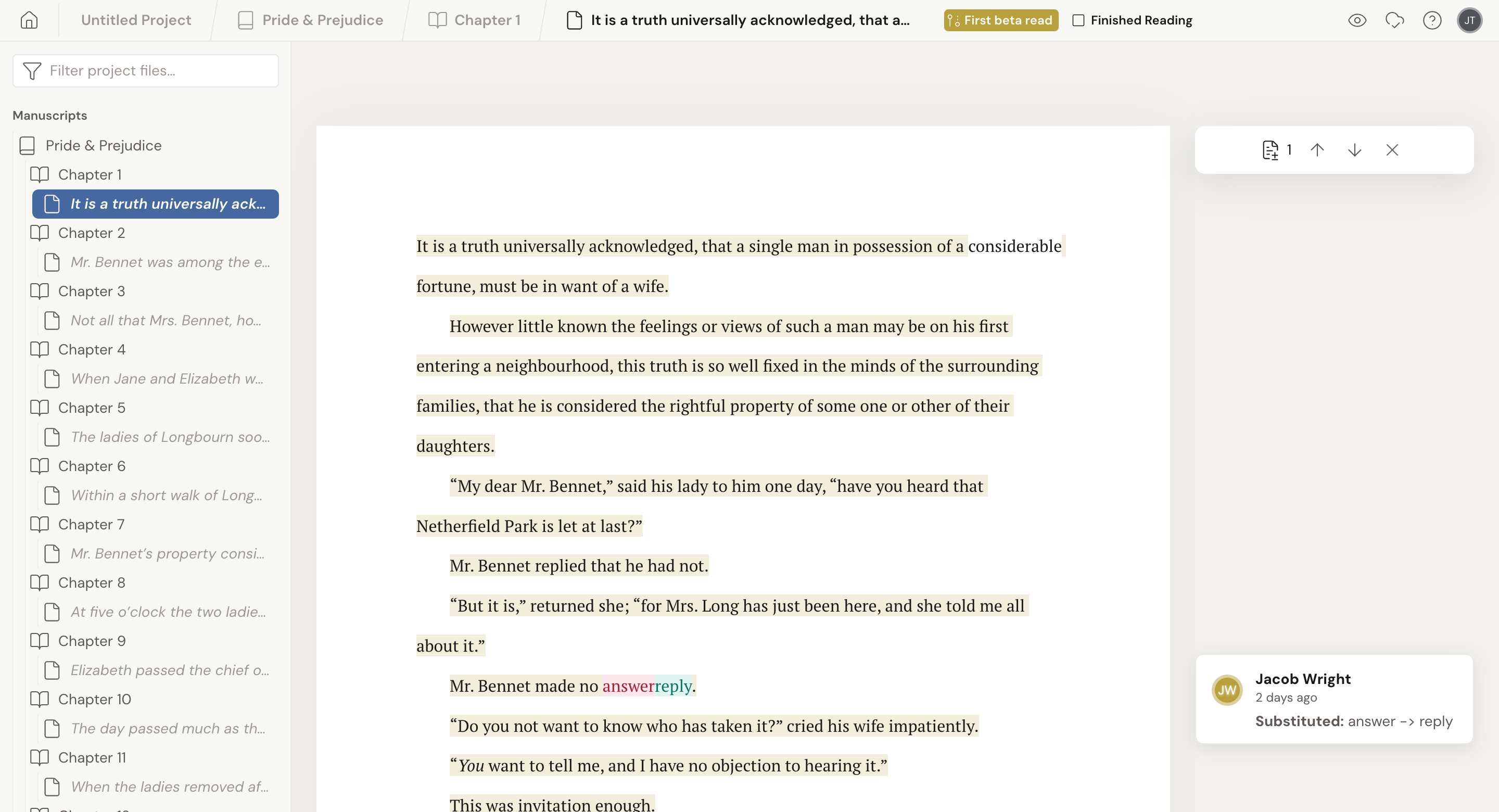 A beta reader's view of the manuscript: the left navigation lists the book's chapters and scenes, the text is open in the middle to read, and the writing and formatting controls are gone from the toolbar. The breadcrumb shows the review copy's name and a Finished Reading checkbox.