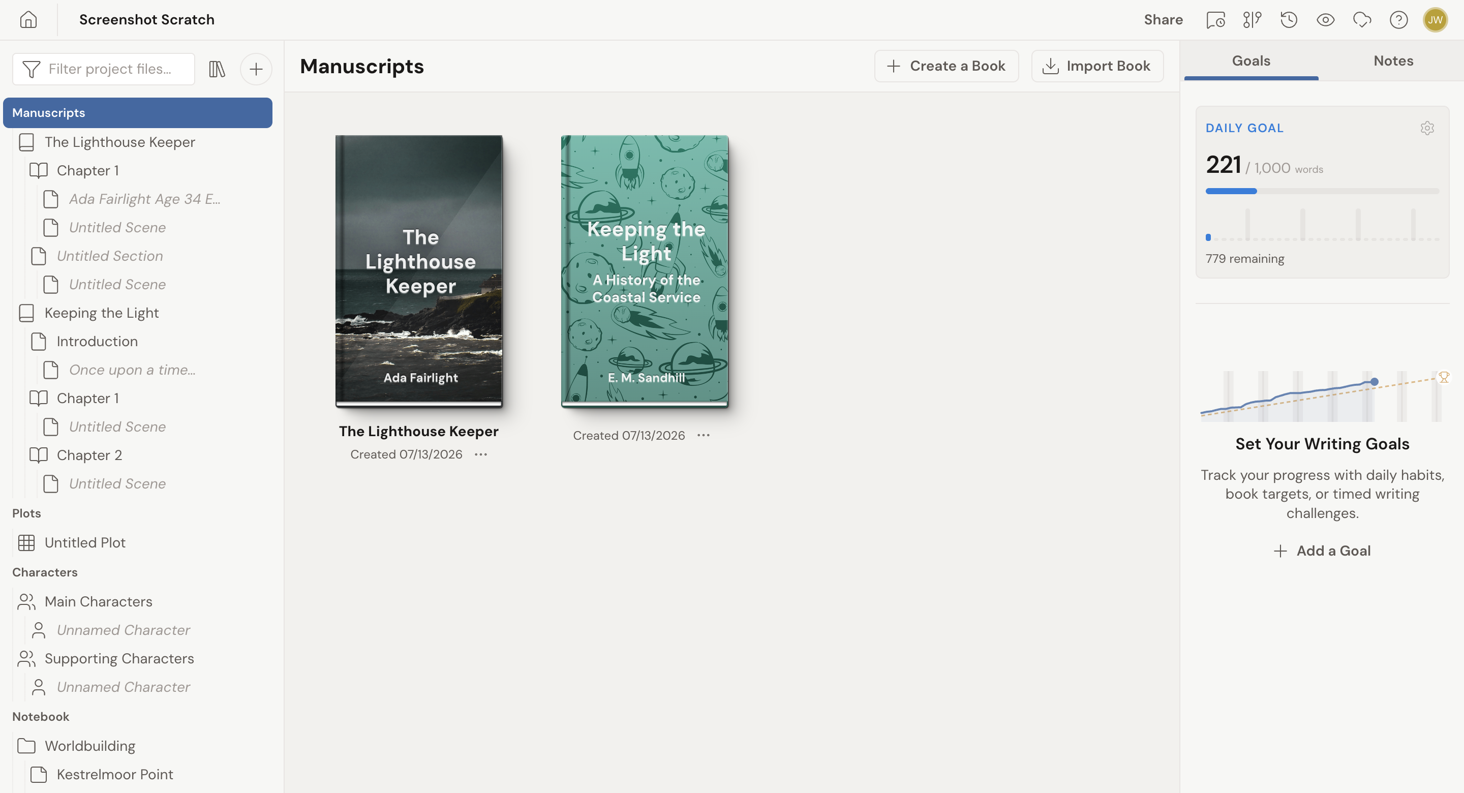 The Manuscripts view open in the center of the editor: a grid of book covers for the two books in the project, with Create a Book and Import Book buttons in the view header.