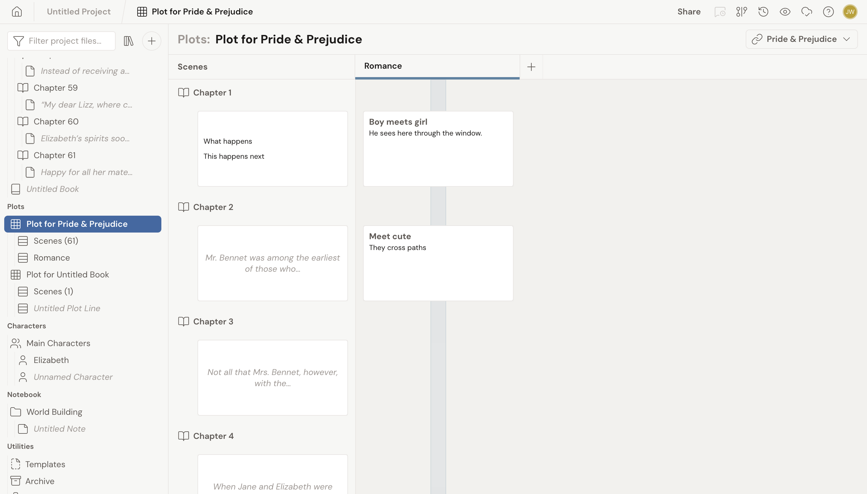 A Plot Grid open in Dabble: the left navigation's Plots section with the grid selected, a Scenes column listing Chapter 1 through Chapter 4, a Romance plot line beside it holding two plot point cards, and a + tile at the right end of the header row.