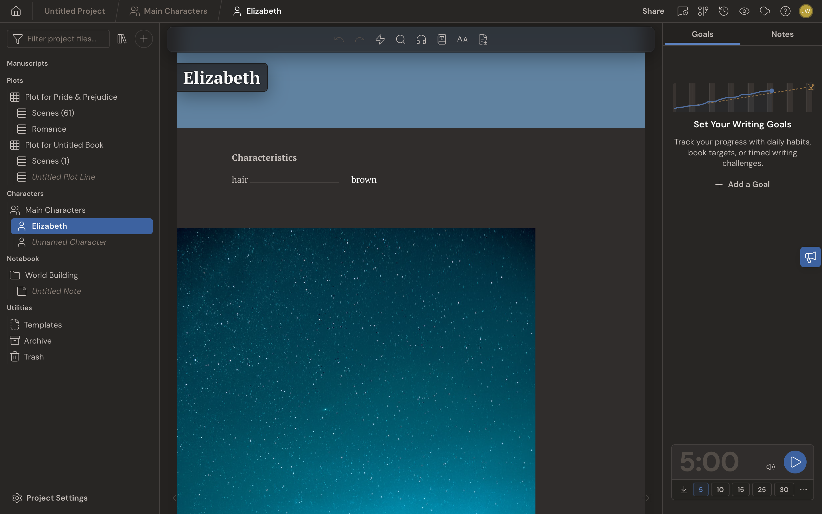 A Dabble project in the Dark appearance: the navigation, editor, and Goals panel all rendered in dark tones with light text.