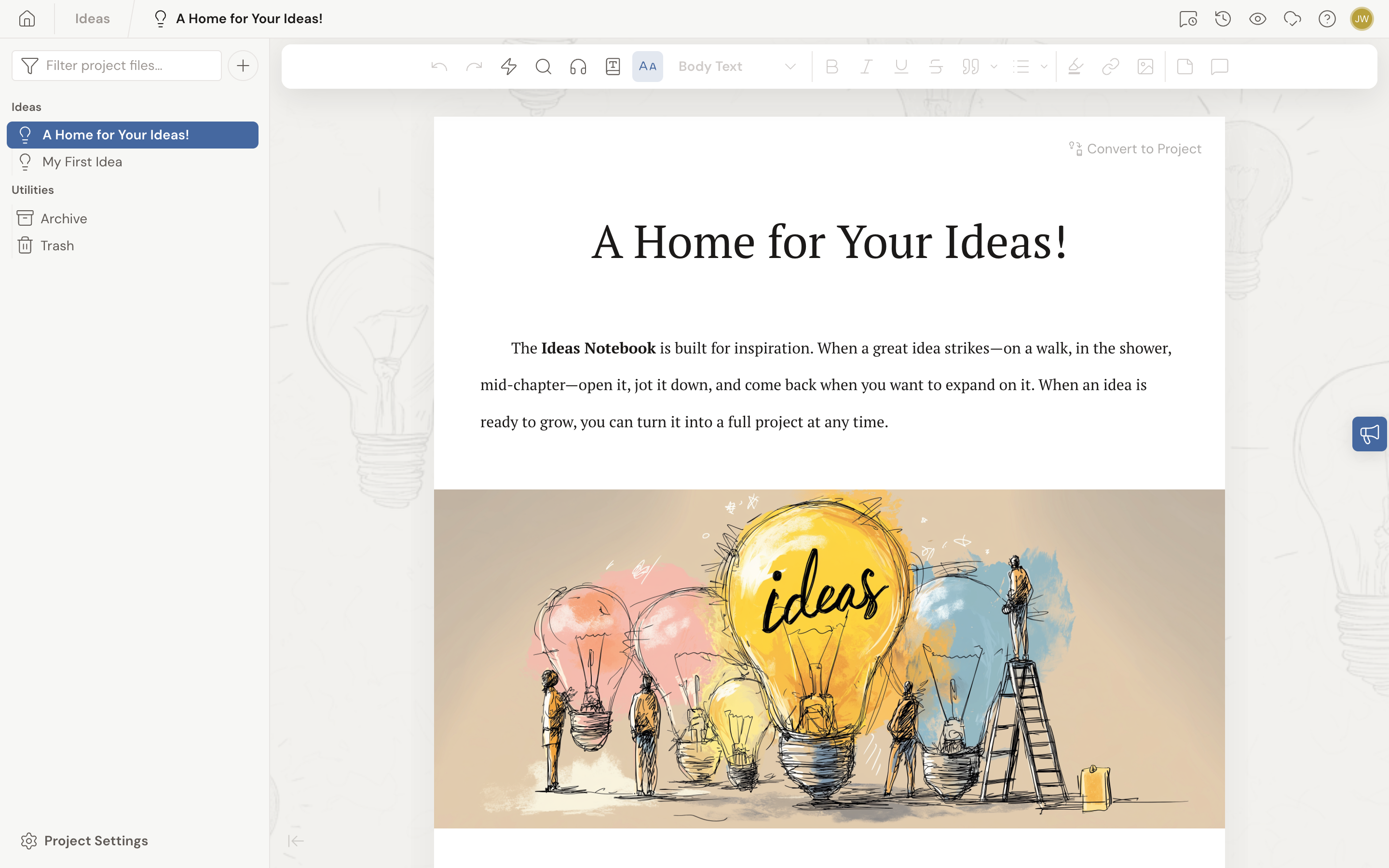 An open idea inside the Ideas project: the idea's title as a heading with a rich-text body beneath it, and the idea list in the left sidebar.