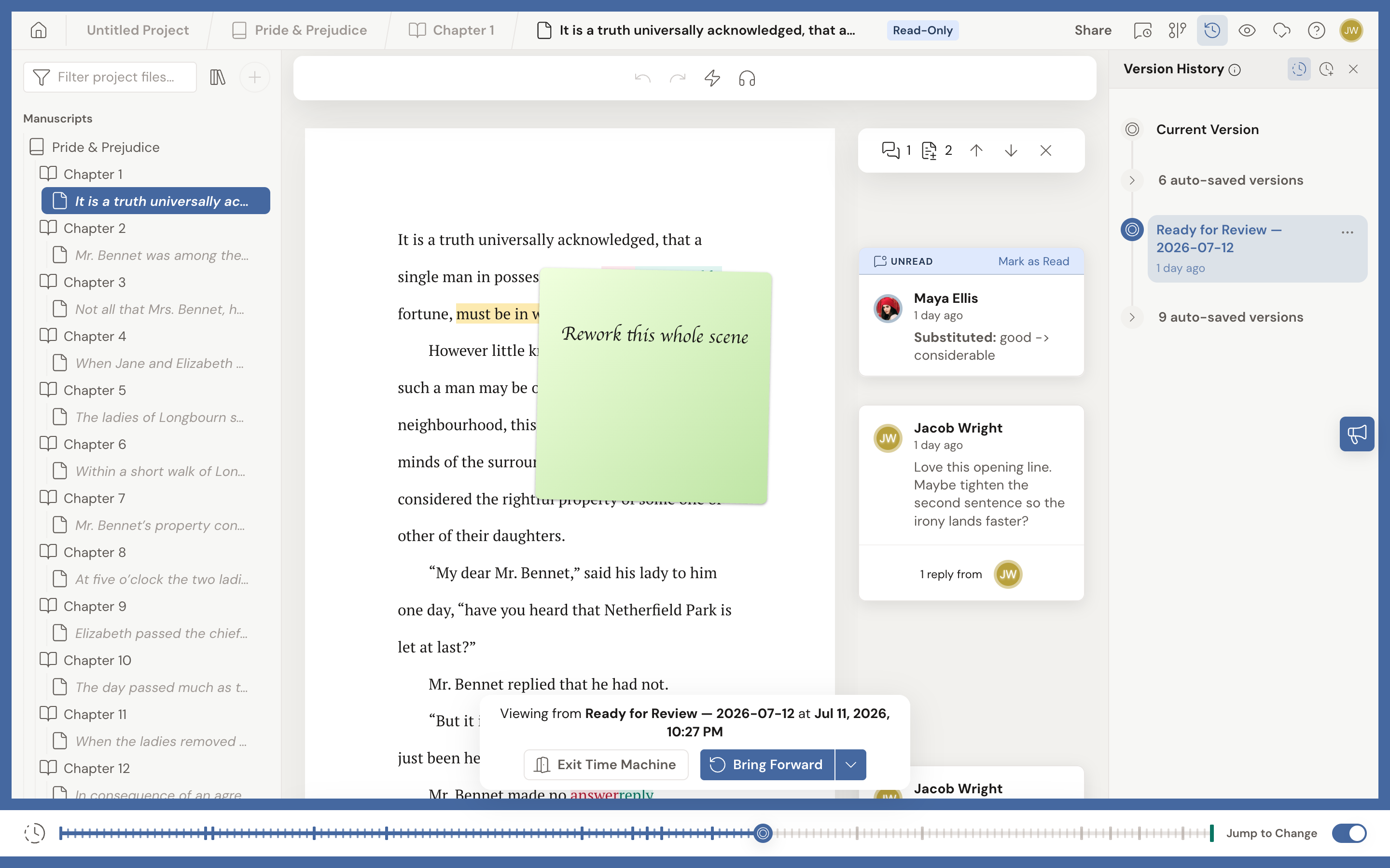 The Time Machine in read-only mode: a Read-Only badge in the header, the editor showing an earlier version with a highlighted inline change, a timeline with the playhead partway along the bottom, and a floating card reading Viewing from a past version with Exit Time Machine and Bring Forward buttons.