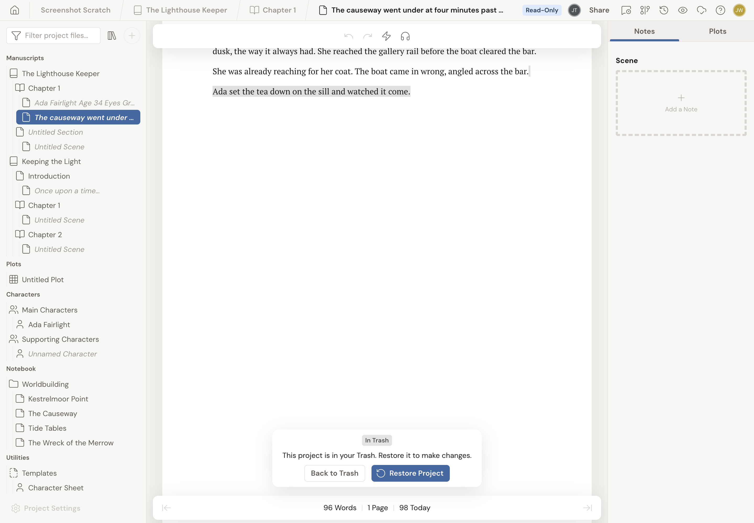 A project opened while it is still in the Trash: the manuscript is visible but a bar sits at the bottom of the screen reading "In Trash. This project is in your Trash. Restore it to make changes." with Back to Trash and Restore Project buttons.
