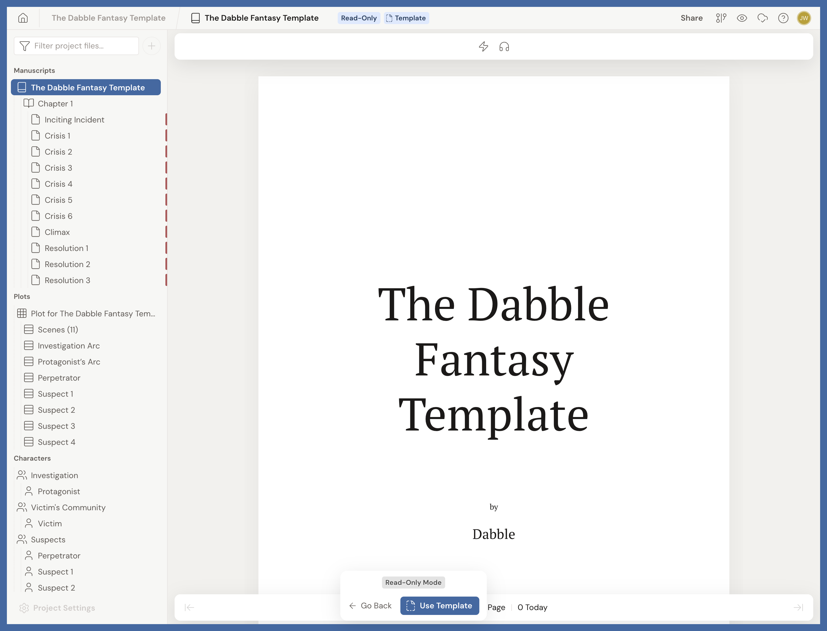 A Dabble template open in Read-Only Mode: a blue frame with Read-Only and Template badges, the full structure in the left navigation (Chapter 1 with Inciting Incident, six Crises, Climax, and three Resolutions; plot arcs; a cast of suspects), and a floating bar at the bottom with Go Back and Use Template.