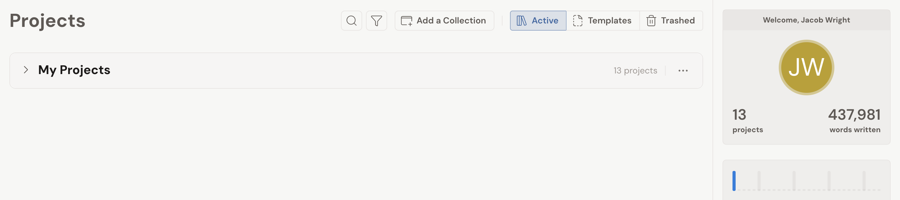 A collection collapsed on the Projects dashboard: its header row still shows the chevron, the collection name, and its project count, with no project tiles beneath it.