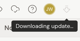 The download-arrow update icon in the app header with its tooltip reading "Downloading update…".