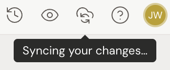 The writer header with the sync status icon showing a cloud and circling arrows, and its tooltip reading "Syncing your changes…"