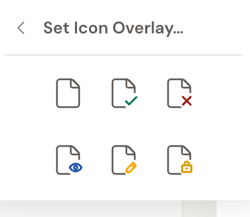 The Set Icon Overlay picker: a grid of status icons you can stamp on an item, including a green check, a red X, an eye, a pencil, and a lock.