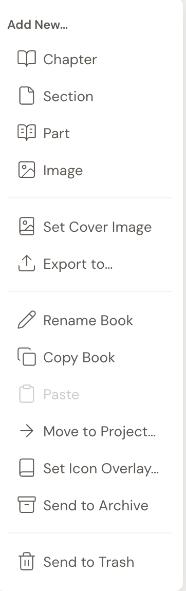 A book's … menu open in the sidebar, showing the Add New… heading with Chapter, Section, and Part, plus Set Cover Image, Export, Rename Book, Copy Book, Move to Project…, Set Icon Overlay…, Send to Archive, and Send to Trash.