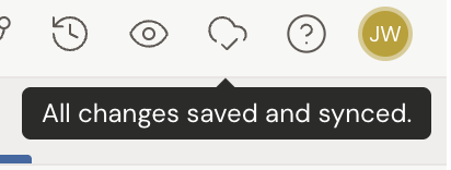 The writer header with the sync status icon showing a cloud and a check mark, and its tooltip reading "All changes saved and synced."