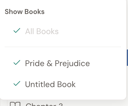 The book filter control open in the left navigation, a Show Books list with All Books plus each book in the project (Pride & Prejudice and Untitled Book), each with a checkmark.