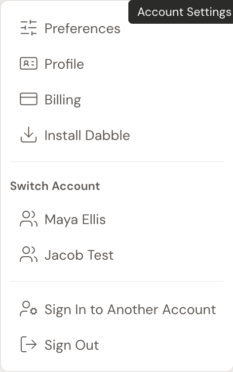The writer account menu open from the top-right avatar: Preferences, Profile, Billing, Install Dabble, a Switch Account list, Sign In to Another Account, and Sign Out.