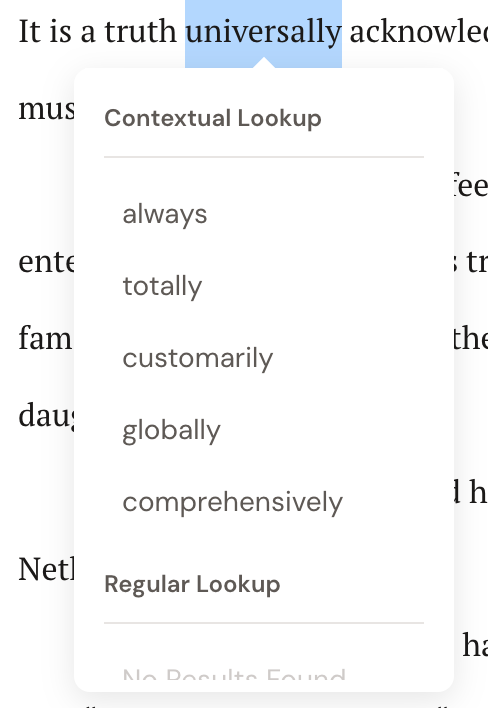 The Thesaurus popover open beside the selected word "universally", with a Contextual Lookup list of synonyms: always, totally, customarily, globally, comprehensively.