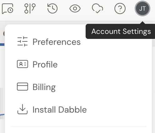 The desktop account menu open, with the Install Dabble entry and its download icon among Preferences, Profile, and Billing.