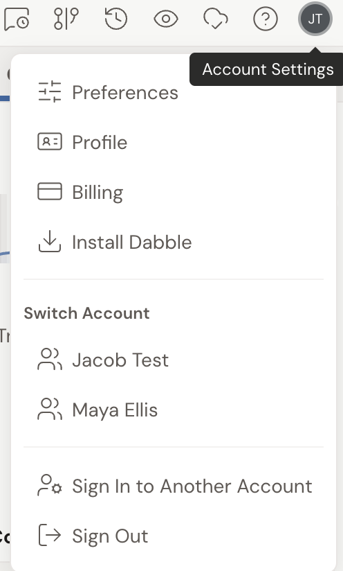 The account menu open from the avatar in the top-right of Dabble, listing Preferences, Profile, Billing, and Install Dabble, plus a Switch Account section.