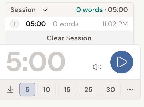 The timer's expanded Session panel showing the session total of 0 words and 05, a per-lap row listing lap 1 with its duration, word count, and finish time, a Clear Session button, and the next lap's timer ready to start.
