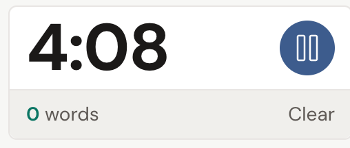 The writing timer running: a large countdown reading 4, a pause button, and a live word count reading 0 words below it.