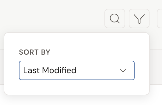 The Filter popover open below the funnel icon in the dashboard header, showing a SORT BY label above a dropdown set to Last Modified.