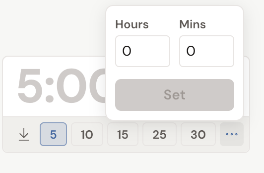 The writing timer idle in the Goals tab: a duration preset row (5, 10, 15, 25, 30, and …) with a play button, and the custom-time popover open showing Hours and Mins fields and a Set button.