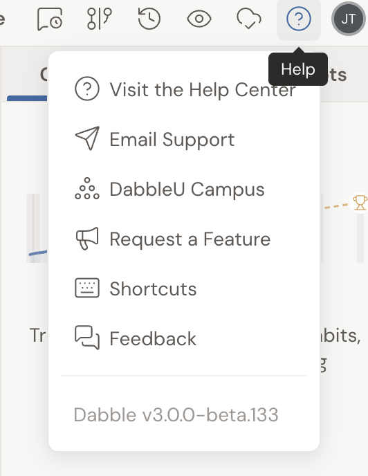 The header Help menu open, showing Visit the Help Center, Email Support, DabbleU Campus, Request a Feature, Shortcuts, and Feedback, with the app version at the bottom.