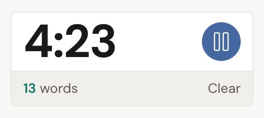 The Dabble timer running in the Goals tab: a 4 countdown, a pause button, and a live count of 13 words written so far, with a Clear link beside it.
