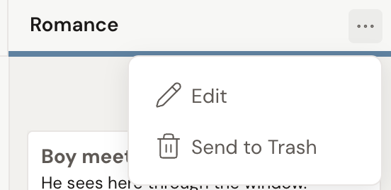 A plot line's column header (Romance) with its colored bar and the … menu open, showing Edit and Send to Trash.