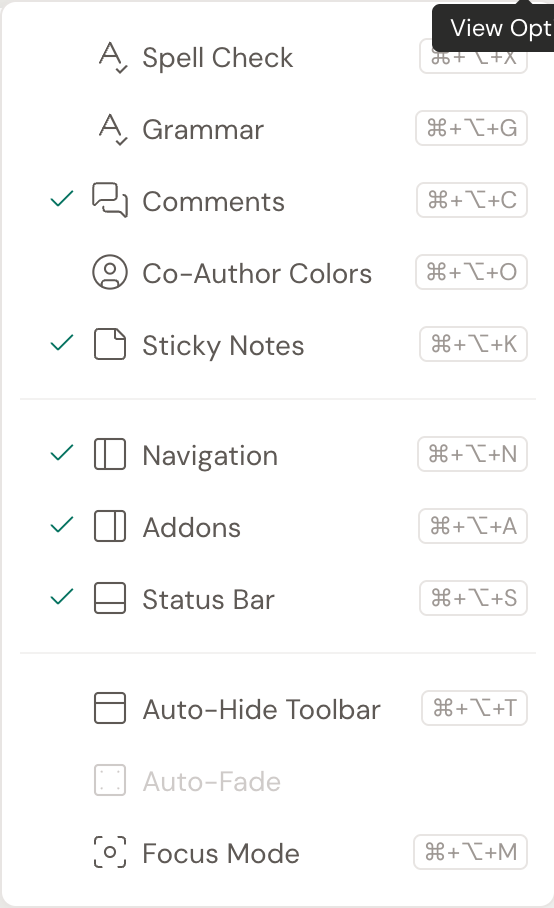 The View Options menu open, listing panel toggles (Navigation, Addons, Status Bar, Auto-Hide Toolbar, Focus Mode) and writing helpers like Comments and Sticky Notes, each with a checkmark when on and its keyboard shortcut.