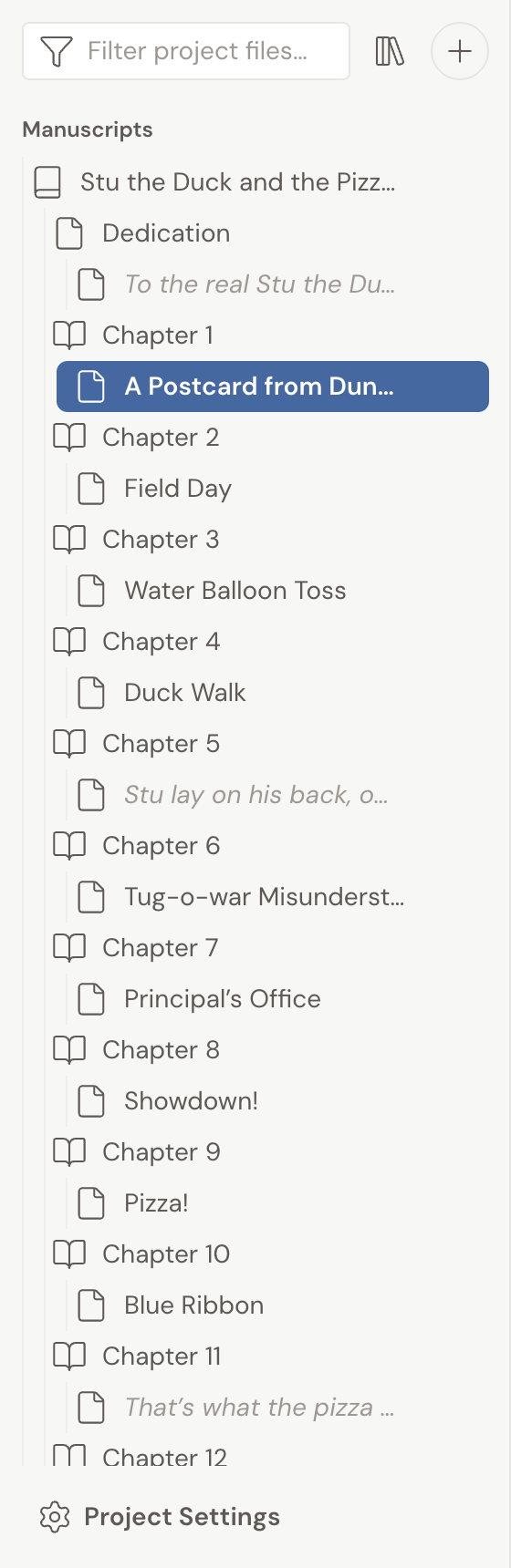 The left Navigation sidebar: a filter box and create button at the top, the file tree with the book's chapters and scenes, and Project Settings pinned at the bottom.