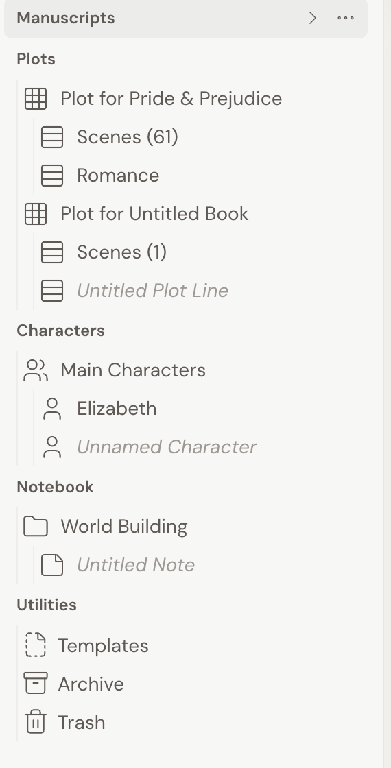 A novel project's left navigation with its sections stacked: Manuscripts, Plots, Characters, and Notebook, plus Utilities, so you can move between your manuscript and your planning docs.