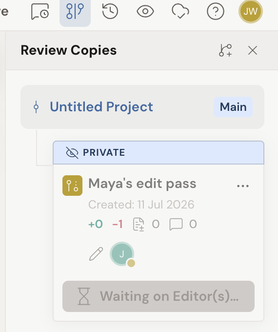 The Review Copies panel: the Main project at the top, and below it an editor review copy named "Maya's edit pass" marked Private, showing its word-count delta, the invited editor's avatar, and a Waiting on Editor(s) status.