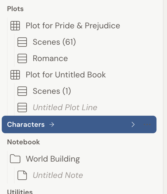 The left navigation of a novel showing its top-level sections: Plots (with plot lines), Characters, and Notebook (with a World Building folder), each holding a different kind of document.